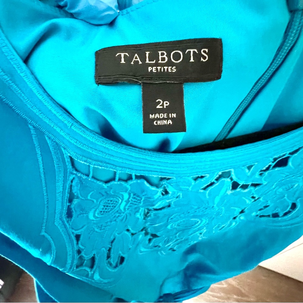 Talbots Petite 2P Blue Embroidered Sateen Fit & Flare Dress - Picture 11 of 11
